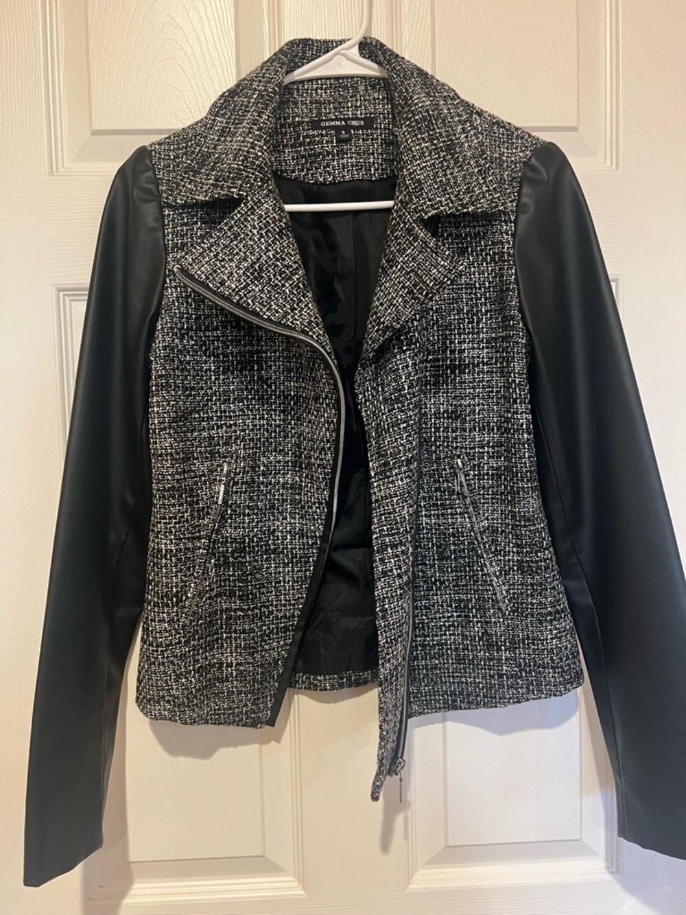 Black and Gray Tweed Moto Jacket with Vegan Leather Sleeves